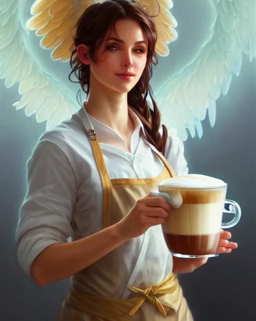 Image similar to a dreamy angelic barista in an apron holding latte art, fantasy character portrait, ultra realistic, intricate, elegant, highly detailed, digital painting, artstation, smooth, sharp, focus, illustration, art by artgerm and greg rutkowski and alphonse mucha