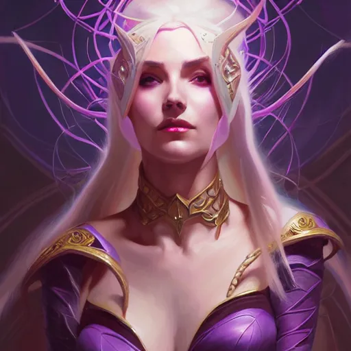 Image similar to Character Portrait of Syndra from League of Legends surrounded by nodes, face, fantasy, intricate, elegant, highly detailed, digital painting, artstation, concept art, smooth, sharp focus, illustration, art by Gregory Manchess and Fernanda Suarez and Artem Demura and alphonse mucha