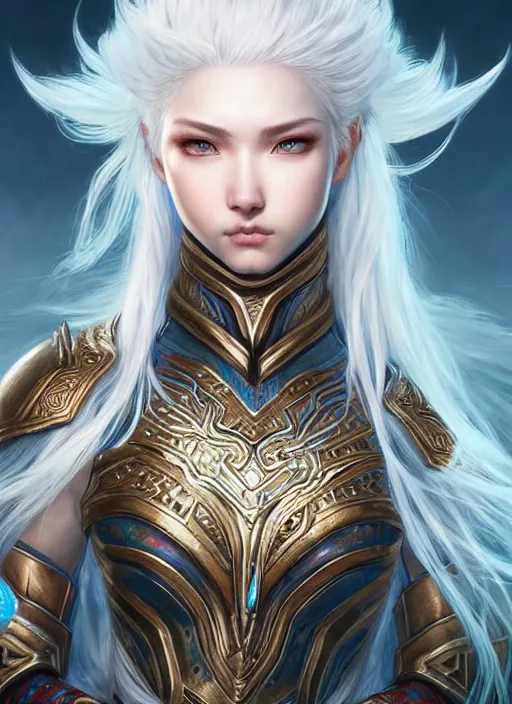 Prompt: warrior, intricate ornate opal heavy armor!!! beautiful and athletic white hair female!! gorgeous face and eyes!! character concept art, sharp focus, octane render! unreal engine 5! highly rendered!! trending on artstation!! detailed linework!! illustration by artgerm, wlop, and chie yoshii