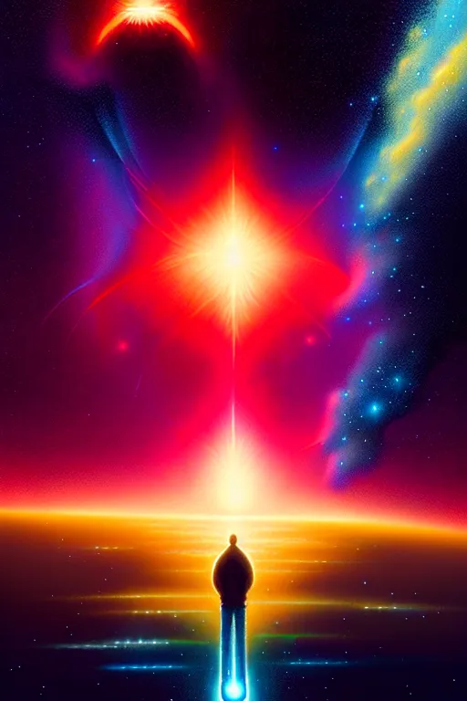 Image similar to standing on the shoulders of giants, celestial collision, birth of a star by christopher balaskas and john harris and dan mumford, hyperrealistic, high detail, ultra detailed, space, nebula, sharp focus, stellar formation, astronomy, science