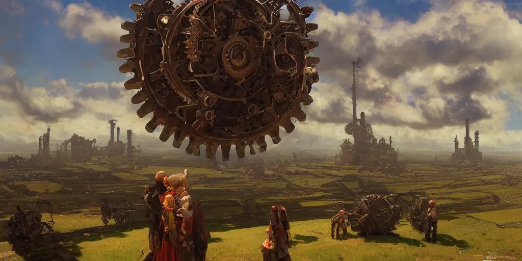 Image similar to giant gears floating in the sky, clockwork, giant mechanisms, industry, villages castles, buildings vista artstation illustration sharp focus sunlit vista painted by ruan jia raymond swanland lawrence alma tadema zdzislaw beksinski norman rockwell tom lovell alex malveda greg staples