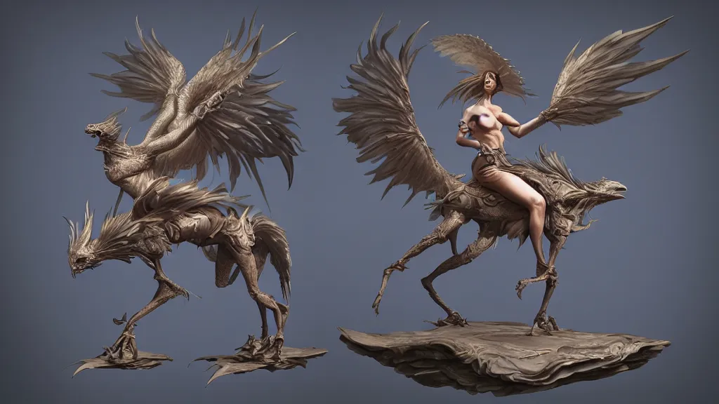 Image similar to a highly detailed 3 d render of futuristic woman riding a stunning gryphon in the style of peter mohrbacher by weta digital and beth cavener, masterpiece, award winning, high face symmetry, intricate