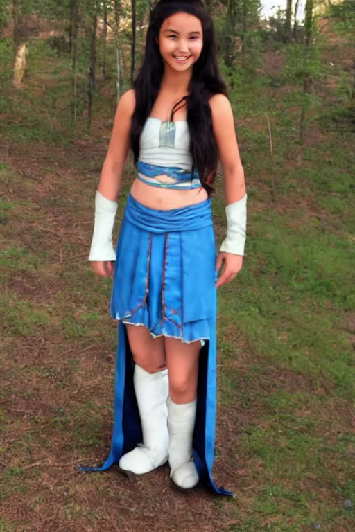 Image similar to full-length photo of real life Katara from Avatar, smiling, looking at camera