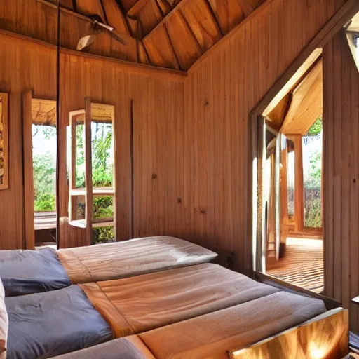 Image similar to interior of an epic treehouse. modern design, window viewing forest canopy, wooden bridge