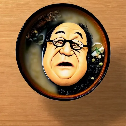 Image similar to danny devito face in a bowl of ramen