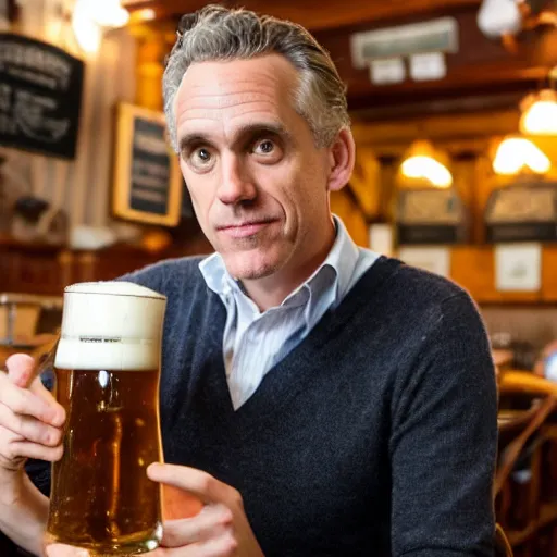 Prompt: jordan peterson drinking a delicious pint in a english - style pub, warm lighting, cozy, inviting