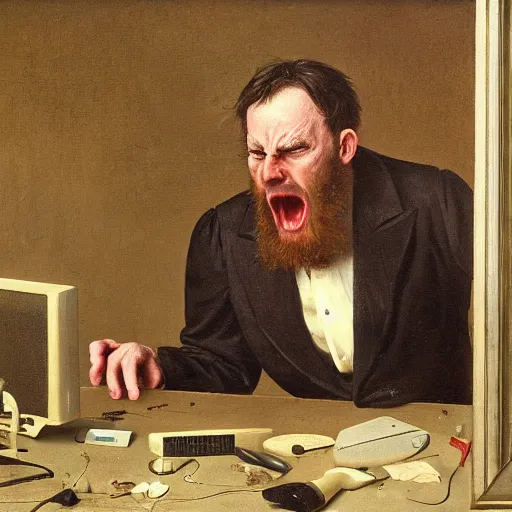 Prompt: an angry man yells at his computer monitor, oil on canvas, 1 8 8 3, highly detailed