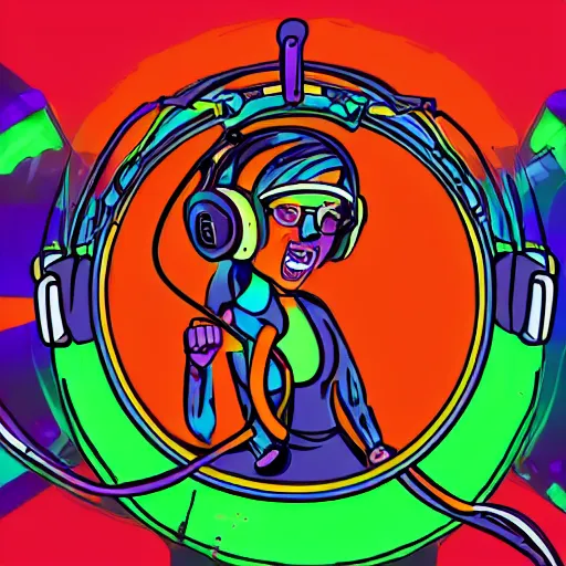 Image similar to svg sticker of a Dancing-Cleaveland-Brown, at a rave, spinning records, giant headphones rocking out, wearing headphones, huge speakers, dancing, rave, DJ, spinning records, digital art, amazing composition, rule-of-thirds, award-winning, trending on artstation, featured on deviantart