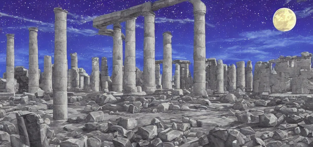 Image similar to The ruins of the Silver Millennium on the moon from Sailor Moon, digital painting, Earth in the distance, Greek-esque columns and ruins