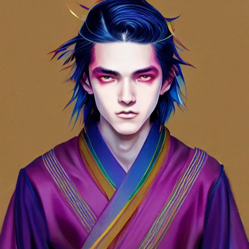 Image similar to colorful and festive captivating teenager boy with straight indigo hair, purple eyes with red eye markers, slim body, wearing a detailed japanese kimono with golden armor pieces. rich vivid colors, ambient lighting, dynamic lighting, 4 k, atmospheric lighting, painted, intricate, highly detailed by charlie bowater