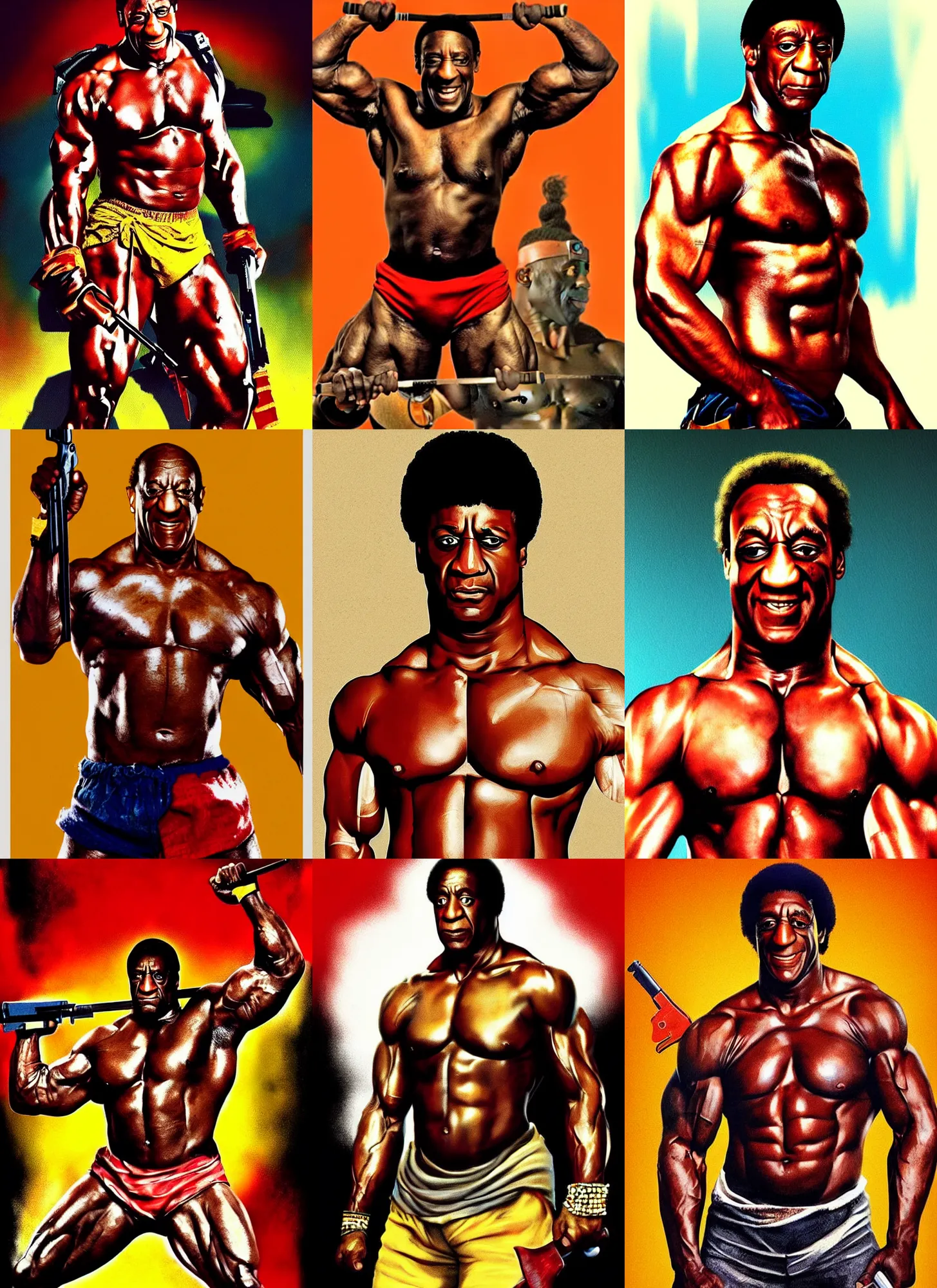 Prompt: incredibly muscular bill cosby as rambo, 1 9 8 0 s movie poster, vibrant art, minimalist, trending on artstation