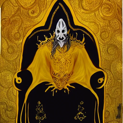 Prompt: eldritch king dressed in mask and robes, seated on an otherworldy throne, gold yellow and black colour scheme, canvas, oil paint style