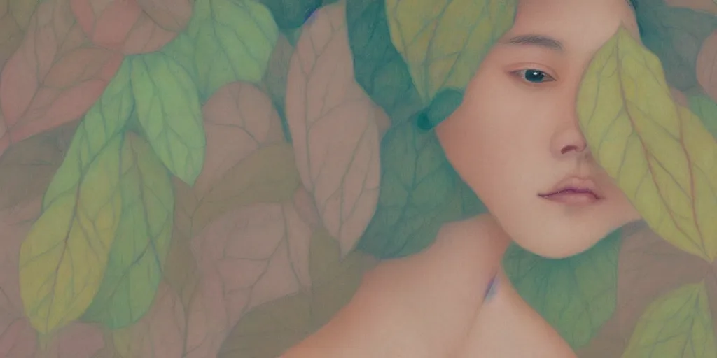 Prompt: detailed pastel colors portrait of a woman made of autumn leaves, by hsiao - ron cheng, fine detail, 8 k