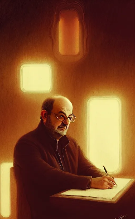 Image similar to portrait of salman rushdie writing in the dark, deep focus, blade runner 2 0 4 9, fantasy, intricate, elegant, highly detailed, digital painting, artstation, concept art, matte, sharp focus, illustration, art by artgerm and greg rutkowski and alphonse mucha