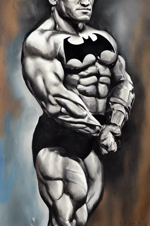 Image similar to A portrait painting of a masculine bodybuilder in the clothing of the Batman