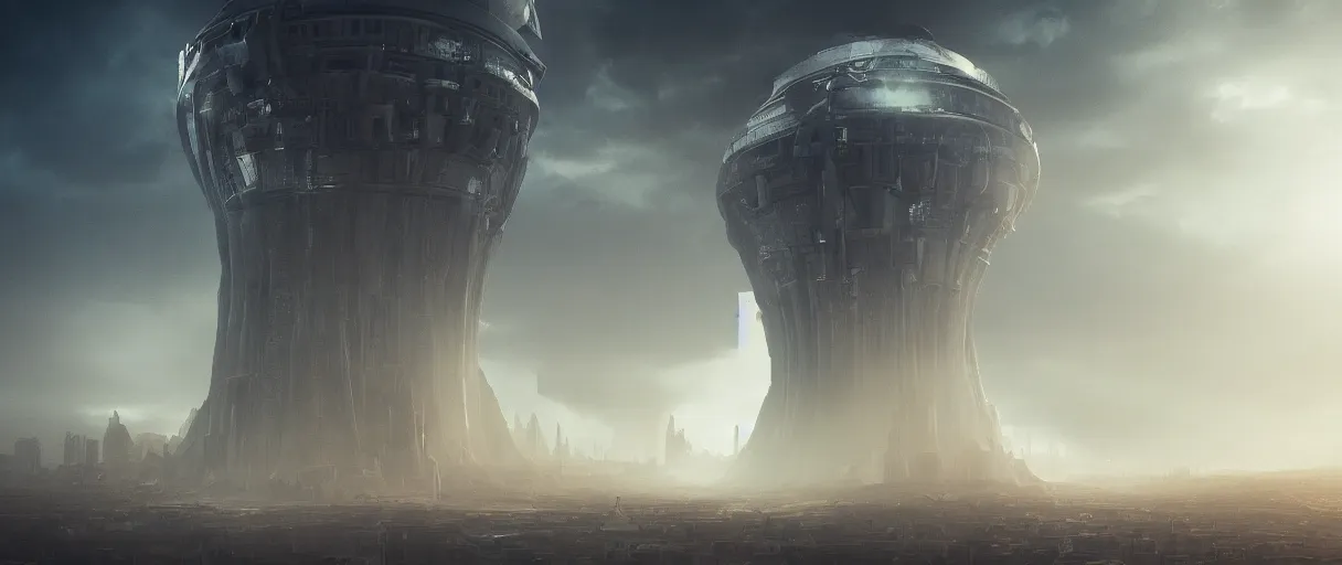 Image similar to detailed giant aliens ship over the tower of babel, beautiful dramatic moody lighting, subsurface scattering, cinematic atmosphere, octane render, Vray, Arnold