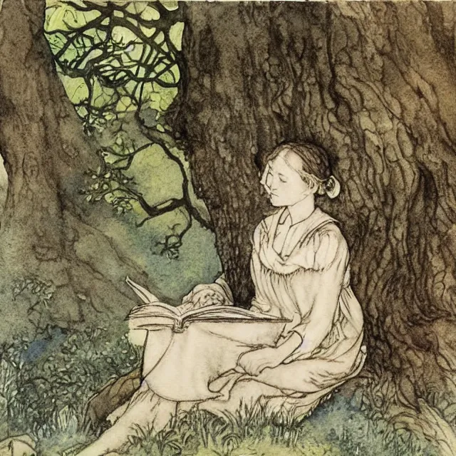 Prompt: a detailed, intricate watercolor and ink portrait illustration with fine lines of young 1 4 year old scarlett johannson happily reading under a tree, by arthur rackham and edmund dulac and lisbeth zwerger