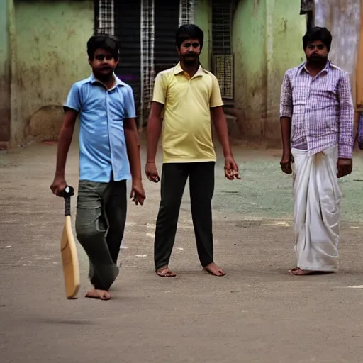 Image similar to four tamil friends playing a game of cricket, on an indian street