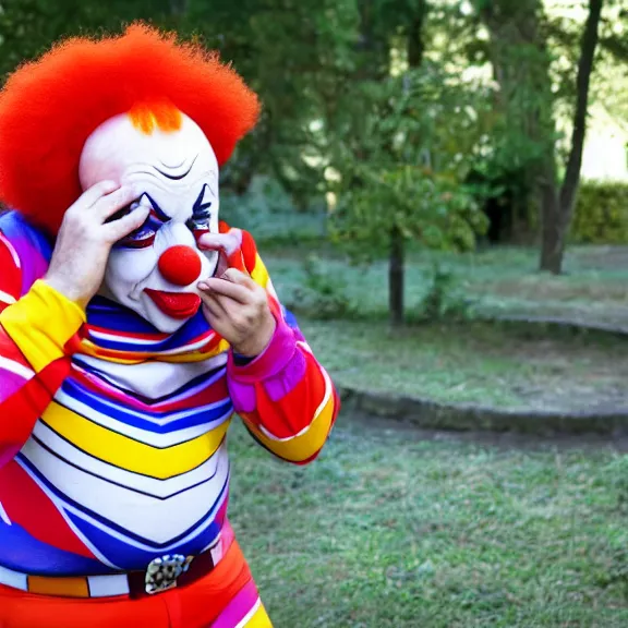 Image similar to clown crying while browsing twitter on his phone