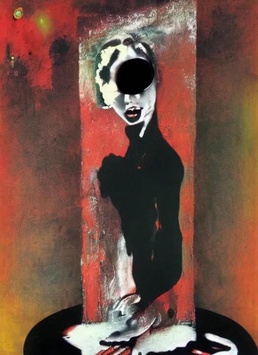 Prompt: brutal black clothes, girl with white eyes, grotesque, doomed, acrylic paint, high resolution gouache on canvas, ugly vibrant colors, grotesque, wrapped thermal background, art francis bacon, collage by joseph cornell