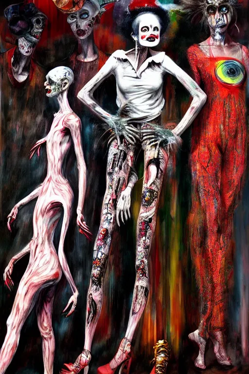 Image similar to crazy fashion catwalk, freak show, one model, crazy clothes, biopunk style, horror, hauntingly surreal, highly detailed painting by francis bacon, edward hopper, adrian ghenie, gerhard richter, and james jean soft light 4 k