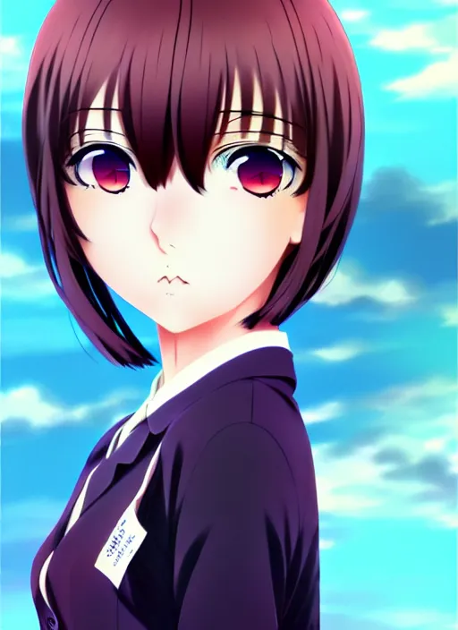 Prompt: anime portrait of a beautiful woman, medium long bob, straight bangs, wearing school uniform, ilya kuvshinov, anime, pixiv top monthly, trending on artstation, cinematic, danbooru, zerochan art, kyoto animation