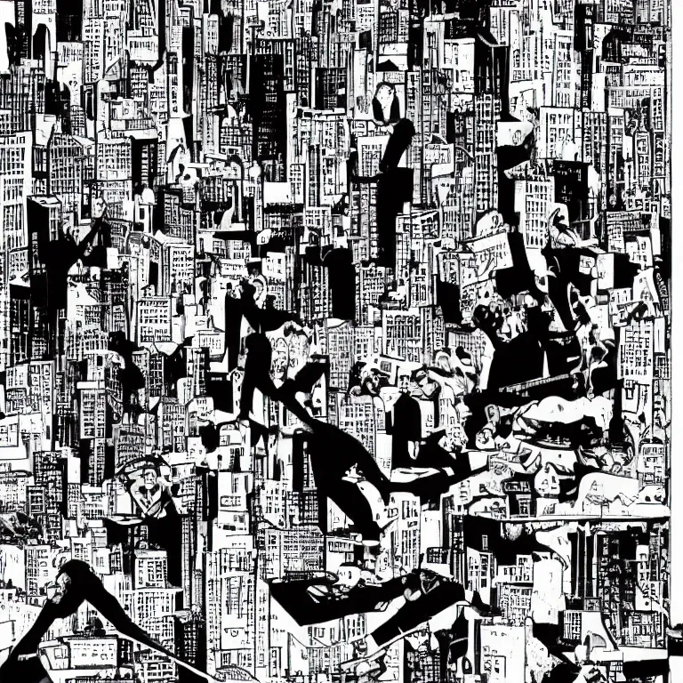 Image similar to we built this city on rock and roll, black and white comic art, lots of musical notes