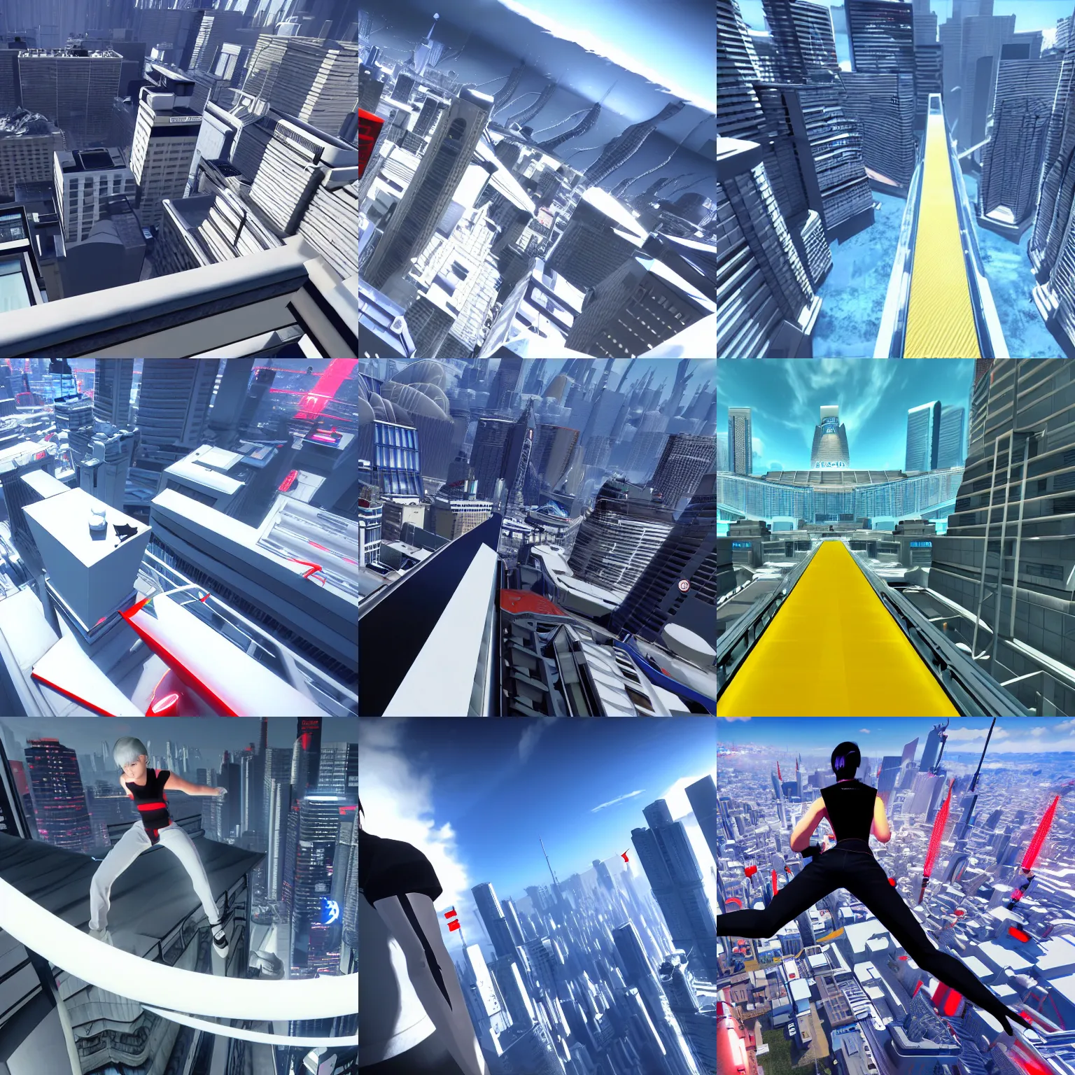 Prompt: a screenshot from the highest point in the video game Mirror's Edge, captivating, stunning