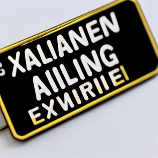 Image similar to an enamel pin depicting an exclamation warning label, smooth curves