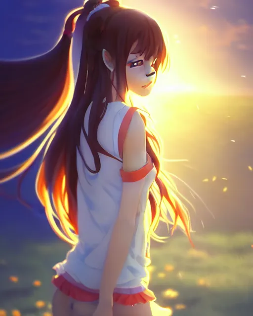 Image similar to anime style, vivid, expressive, full body, 4 k, a cute girl with white skin and long wavy hair humming a song, stunning, realistic light and shadow effects, centered, simple background, studio ghibly makoto shinkai yuji yamaguchi