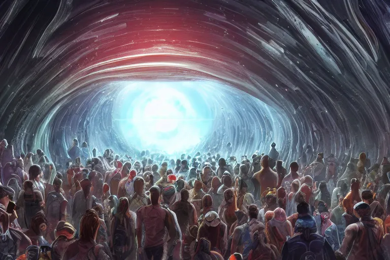 Prompt: a line of people entering a huge dimensional portal, digital painting, mixed media, trending on artstation and deviantart, epic composition, highly detailed, 8 k
