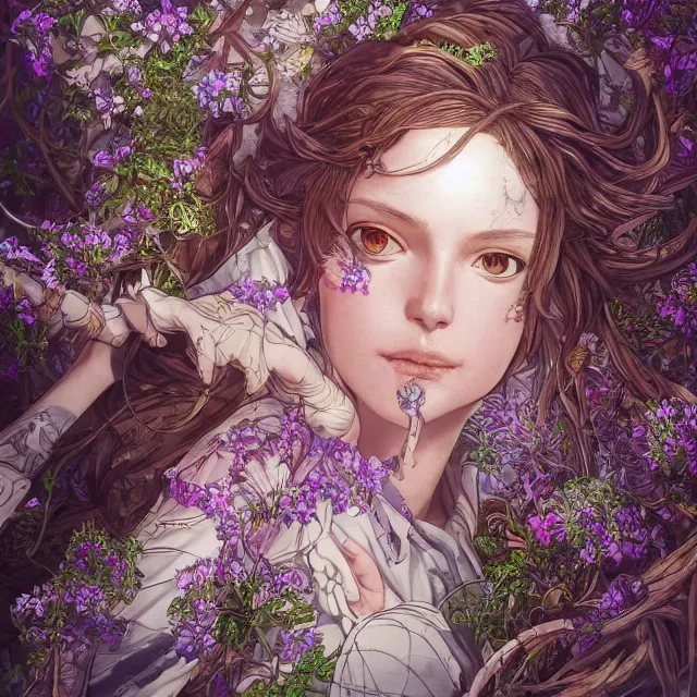 Image similar to the portrait of chaotic good female druid botanist as absurdly beautiful, gorgeous, elegant, young gravure idol, an ultrafine hyperdetailed illustration by kim jung gi, irakli nadar, intricate linework, sharp focus, bright colors, octopath traveler, final fantasy, unreal engine 5 highly rendered, global illumination, radiant light, detailed and intricate environment