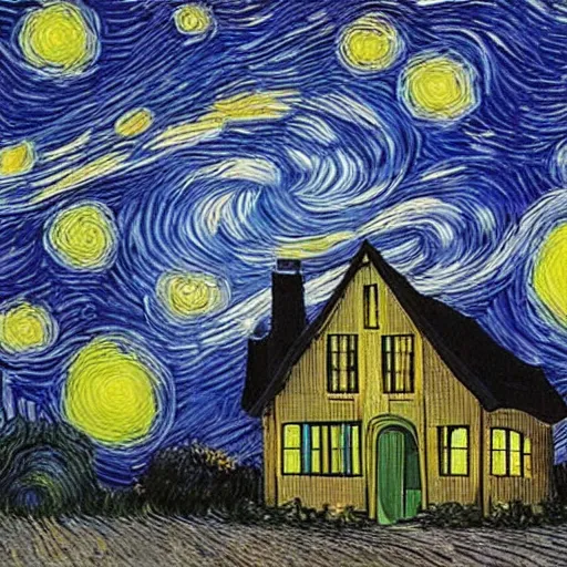 Prompt: a romantic girl with dark descending hair on the roof of the house in rotterdam looks at the stars, in the windows yellow light, wang gogh wrote