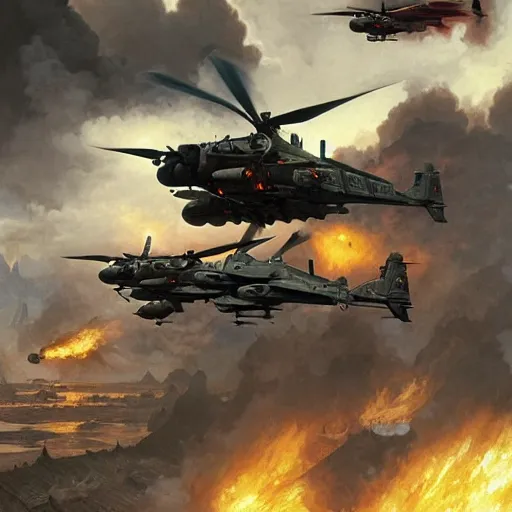 Prompt: an extremely detailed matte painting of deathwing destroying a squad of apache helicopters, very detailed, beautiful, intricate, cinematic, artstation, william bouguereau, alphonse mucha, greg rutkowski, rossdraws
