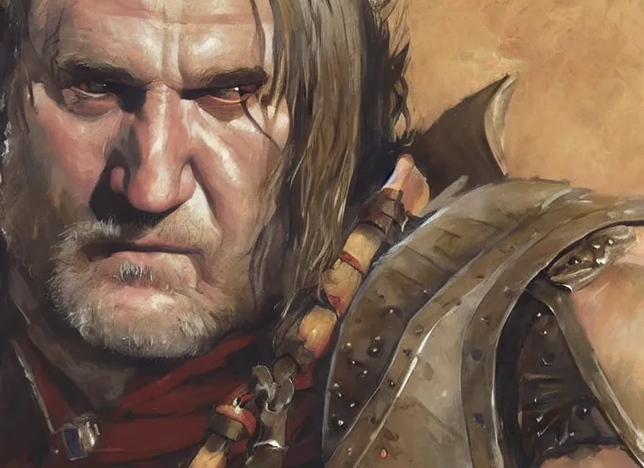 Prompt: a highly detailed beautiful portrait of gerard depardieu as kratos, by gregory manchess, james gurney, james jean