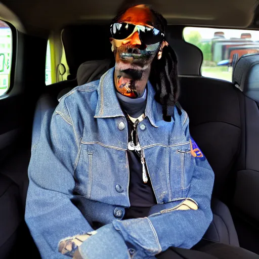 Image similar to Snoop Dogg is sitting in a police car wearing a cap C-13