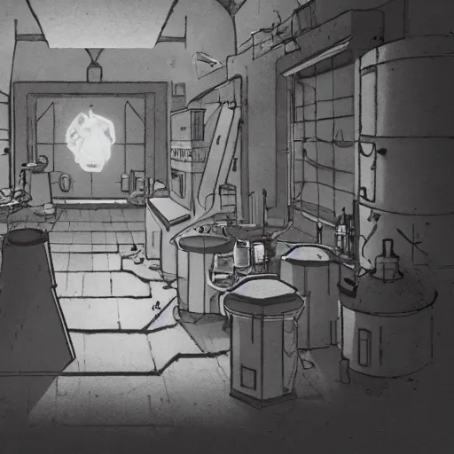 Image similar to inside a mysterious alchemist\'s laboratory, 70mm film, trending on artstation