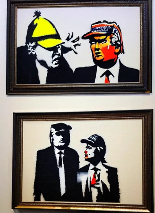 Image similar to banksy trump graffiti art on canvas