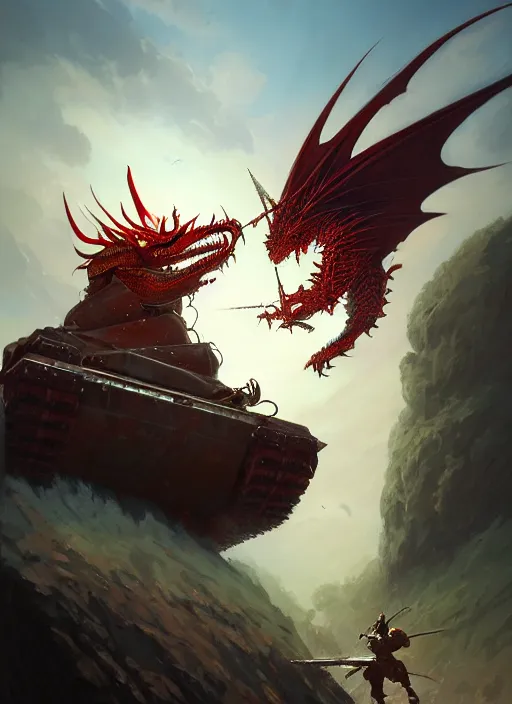 Image similar to highly detailed portrait of a knight tank fighting a red dragon, raytracing, fantasy art by by simon bisley, loish, rhads, ferdinand knab, makoto shinkai and lois van baarle, ilya kuvshinov, rossdraws, tom bagshaw, global illumination, radiant light, detailed and intricate environment