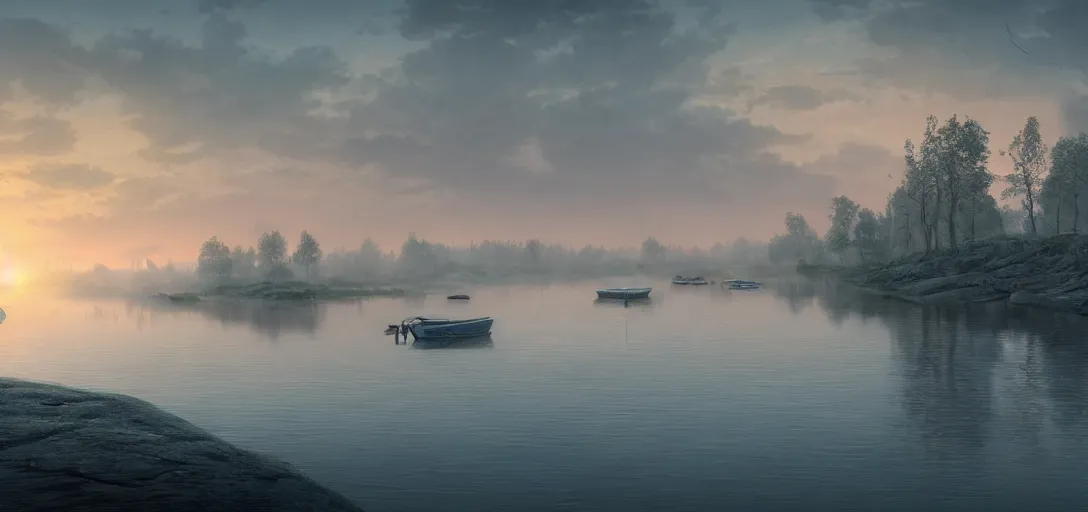 Image similar to concept art of a peaceful fishing village on a river in finland, dawn, atmospheric, hazy