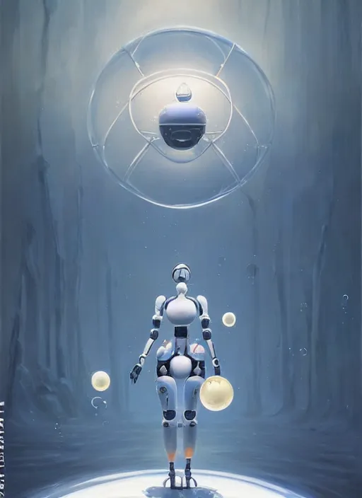 Image similar to an intricate oil painting of a giant pristine white humanoid curvy feminine figure bubble mech with rounded components by simon stalenhag, inspired by nier : automata, clean white lab background