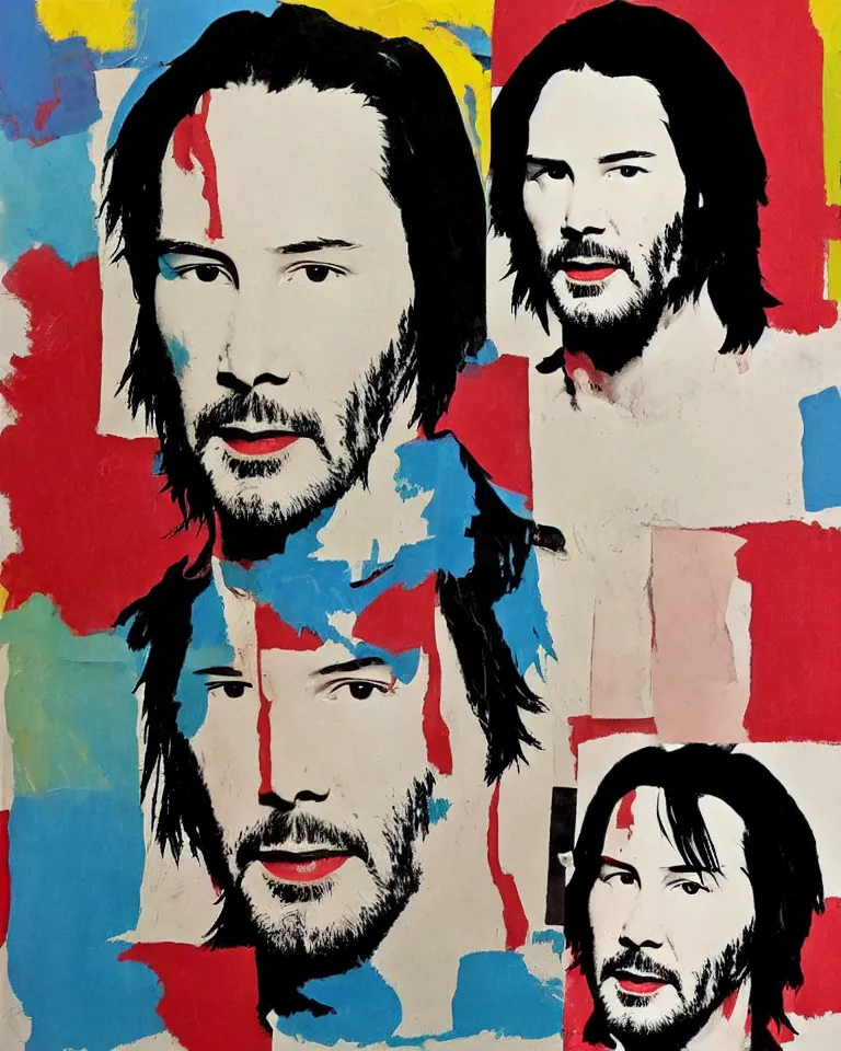 Image similar to keanu reeves caricature, painted by andy warhol