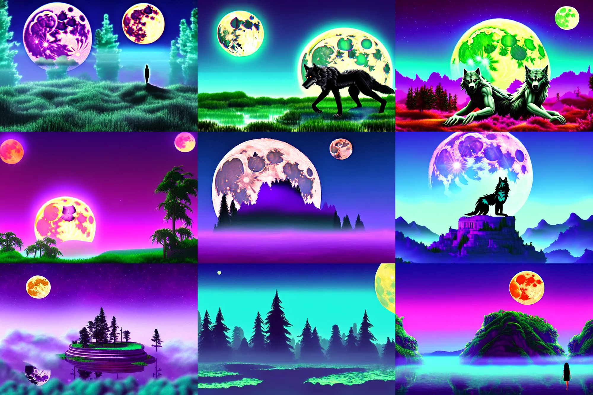 Prompt: A tranquil werewolf vaporwave dreamscape, the land of the endless full moon