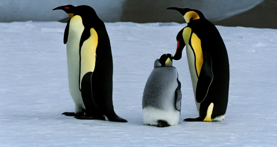 Prompt: an emperor penguin talking with a boy