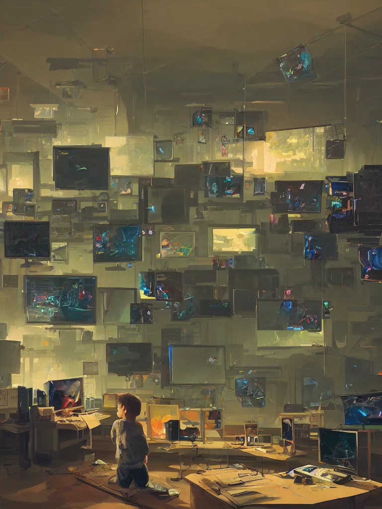 Image similar to a boy sitting in an hacker room with many screens in a painting from stalenhag, 4 k, 8 k, hdr, artstation, concept art