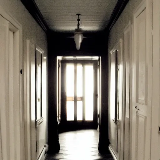 Prompt: very long hallway in a house, very creepy, dim lights, door at the end