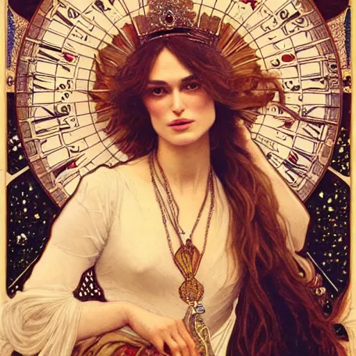 Prompt: keira knightley portrait by louis - theophile hingre and alphonse mucha, realistic, sharp focus, zodiac signs, tarot cards, planets, ethereal, art nouveau, magic, moon, sun, crown, dreamy, royal, jewellery