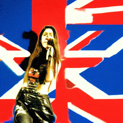 Image similar to 1 9 - year - old girl in a traditional doom metal band, new wave of british heavy metal, live in concert, live 1 9 8 6, united kingdom flags, union jack, playing electric guitar, headbanging crowd of longhairs, audience of longhairs, super 8 mm, grainy photo, colorized