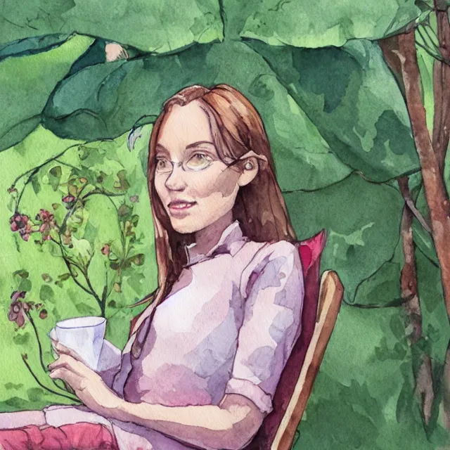 Prompt: laura virtanen drinking coffee in the garden. watercolor by the award - winning concept artist