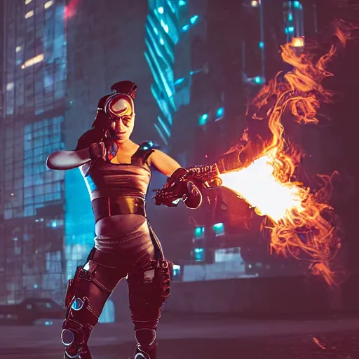 Prompt: photo of a female cyberpunk warrior with jetpack and flamethrower